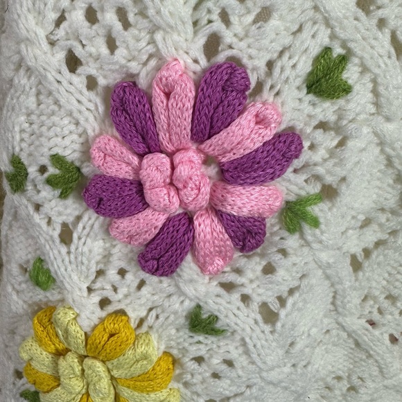 Vintage 90s Cottage Open Chunky Knit Crochet Flowers Pullover Sweater Size XL - Picture 5 of 8